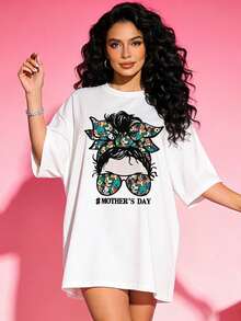 Women's Summer T-Shirt, Casual, Soft, Round Neck, Short Sleeves, Perfect For Mother's Day. The Headband And Sunglasses Feature Colorful Cartoon Dog Prints. White. - 白色 - 查看 1