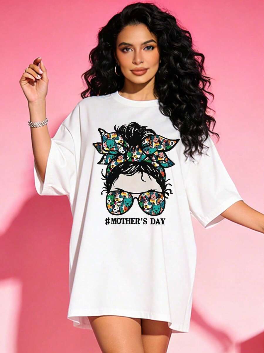 Women's Summer T-Shirt, Casual, Soft, Round Neck, Short Sleeves, Perfect For Mother's Day. The Headband And Sunglasses Feature Colorful Cartoon Dog Prints. White. - 白色 - 查看 1
