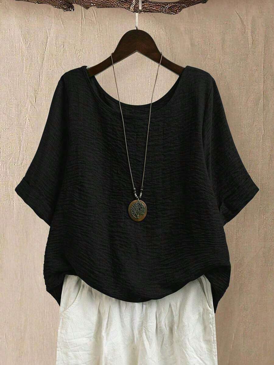Top holgada de cuello redondo para mujer de talla grande en color verde salvia texturizado, para uso casual/diario/al aire libre/minimalista/vacaciones que estiliza, para primavera/verano - Negro - Ver 1
