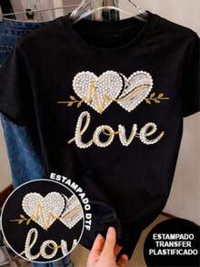 Playera estampada con diseño de texto Love, con dos corazones y la línea de ritmo cardiaco, con estilo de chaquiras pero es estampado, diseño estampado, playera colorida, moderna, casual, cuello redondo, manga corta, ideal para el uso diario, holgada, a la moda, para uso diario. 100% algodón, estilo Y2K Bababask - Negro - Ver 1
