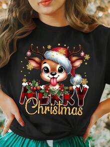 New 2026 Playera con diseño de Reno y frase Merry Christmas, estampada, con colores de temporada, ideal para uso diario, llamativo, moderno, holgado, cuello redondo, manga corta, ideal para toda la familia. - Negro - Ver 1
