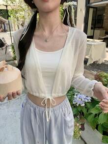 夏季新款白色系带纹理长袖开衫，性感短款抽绳腰防晒针织开衫，优雅休闲少女风百搭通勤海滩派对复古约会婚礼返校氛围针织外套 - 杏色 - 查看 4