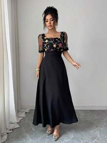 YHHElenzga Vestido midi con cuello cuadrado asimétrico y bordado en la cinturaYHH - Negro - Ver 6