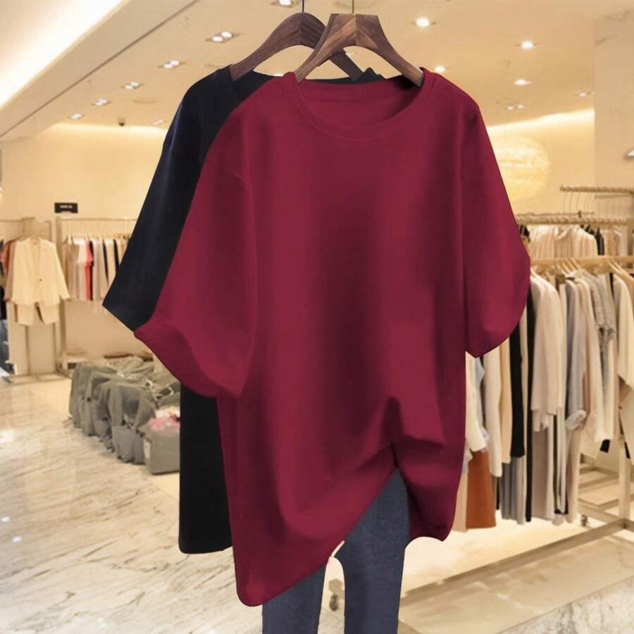 Camiseta con estampado de camisa casual para mujer, manga corta y cuello redondo, moda urbana local de primavera/verano camiseta unisex. RS1E - vino tinto puro - Ver 1