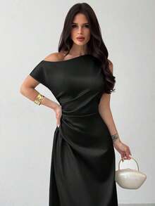 Vestido elegante asimétrico de hombro con pliegues y bajo de cola de sirena en color verde, adecuado para citas, vacaciones, bodas, eventos, regreso a la escuela, graduación, vestido de dama de honor formal, vestidos elegantes para mujer - Negro - Ver 5