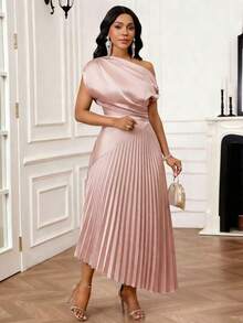 Lady Elegant Women's Dress With Tie-Dye Print And Asymmetrical Neckline - 酒紅色 - 查看 4