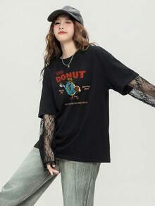 JUTU Cartoon Donut Print Lace Patchwork Round Neck Loose Mesh Sleeve T-Shirt, Fashionable & Comfortable Casual Long Sleeve Top For Women, Suitable For Spring, Summer, Autumn - 2A10 Black - KJ0381 - View 5