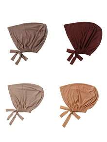 4-Piece Set Of Solid Color Tie-Back Elastic Adjustable Size Hijab Undercaps Modal Hijabs Inner Cap Set - Multicolor - View 4
