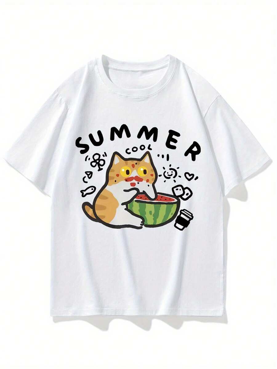 Men's American Style Heavyweight Short Sleeve T-Shirt With A Cat Eating Melon Design, Loose Fit, Plus Size, Fashionable Casual T-Shirt, Versatile Half Sleeve Top - 白色 - 查看 1
