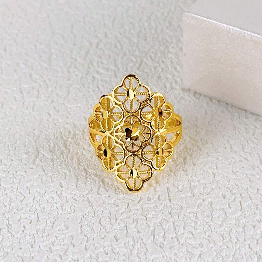 1枚精致镂空金色四叶花及邪眼十字架设计戒指，复古花卉图案戒指，情人节礼物（送给她） - 款式04-A - 查看 1