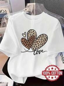 Nueva Camiseta de Mujer, Estampado de Leopardo con Diseño de Corazón, Camiseta Casual a la Moda, 100% Algodón, Cuello Redondo, Mangas Cortas, Absorbente de Sudor y Transpirable, Casual, Cómoda, Elegante y Única para el Hogar, Adecuada para Primavera, Verano y Otoño, Camiseta Deportiva Versátil de Mangas Cortas, Transpirable y Absorbente de Sudor, También Adecuada para Usar en Capas en Otoño e Invierno ICBD - Blanco - Ver 1