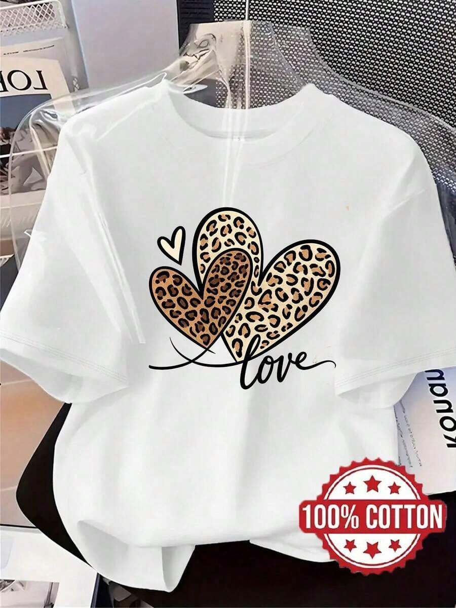 Nueva Camiseta de Mujer, Estampado de Leopardo con Diseño de Corazón, Camiseta Casual a la Moda, 100% Algodón, Cuello Redondo, Mangas Cortas, Absorbente de Sudor y Transpirable, Casual, Cómoda, Elegante y Única para el Hogar, Adecuada para Primavera, Verano y Otoño, Camiseta Deportiva Versátil de Mangas Cortas, Transpirable y Absorbente de Sudor, También Adecuada para Usar en Capas en Otoño e Invierno ICBD - Blanco - Ver 1