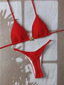 Nuevo estilo de bikini de color sólido, bikini sexy con lazos, traje de baño de dos piezas fresco y sencillo para mujer. - Marrón claro - Ver 8