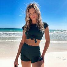 Two-Piece Swimsuit In Solid Color, High-Waisted, Conservative, Tummy-Control And Slimming, With A Tie, For Women, Ideal For Hot Springs. - 黑色 - 查看 4
