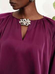 Nueva llegada Blusa elegante de manga larga y cuello en V de ajuste holgado en color rojo rosa para mujer - Rosa Fucsia - Ver 4