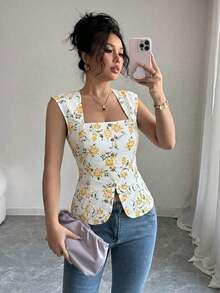 Blusa elegante y vintage de mujer con estampado floral diminuto, sin mangas, con cuello y abotonada, de estilo romántico francés campestre para el verano - Multicolor - Ver 4