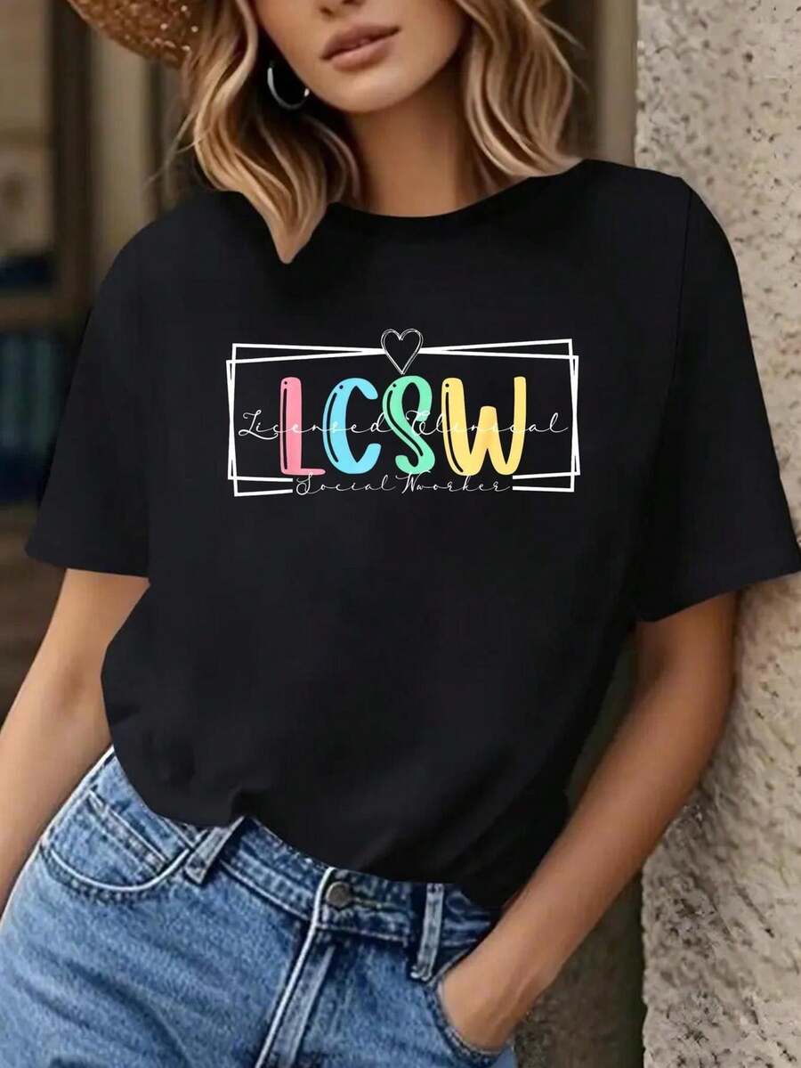 Camiseta de Mujer LCSW Trabajadora Social Licenciada con Temática de Salud Mental - Con Letras Coloridas y Patrones de Corazón con el Logotipo de LCSW, Top de Manga Corta Ajustado y Transpirable para Uso Diario Casual - Ropa de Trabajadora Social - Negro - Ver 1