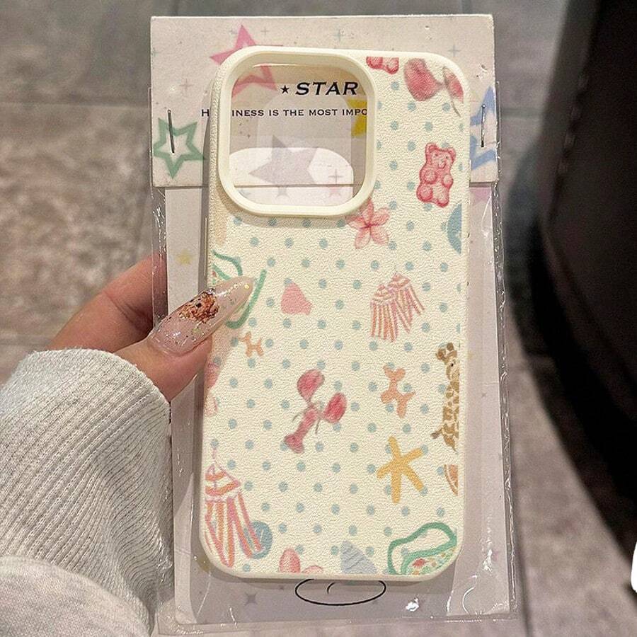 1pc TPU Material Playful Vacation Element Polka Dot Patchwork Pattern Phone Case, Compatible With Apple 17 Pro Max/17/16 Pro Max/15/13/12/11, S20 FE/A15/S24/A55, Note 11/Note 12/Note 13 Pro, Full-Body Shockproof Soft Protective Cover - White - View 1