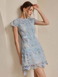 Vestido de verano elegante para mujeres con cuello redondo, manga corta, parches florales, bordados calados y encaje, ideal para primavera, vacaciones y festivales - Celeste - Ver 6