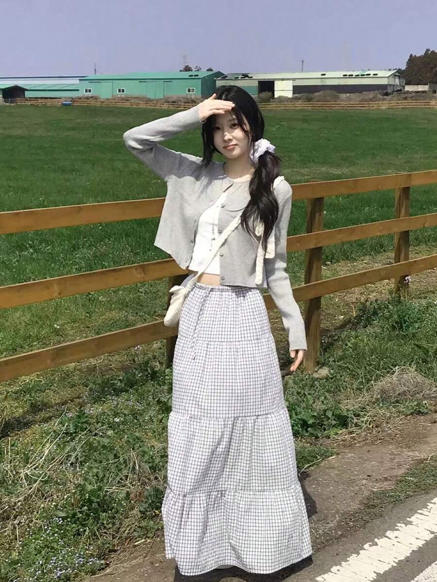 甜美清新的小格纹叠层中长裙/半身裙,充满氛围感 - 藍白格 - 查看 1