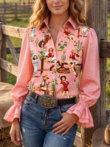 Women's Cute Cowgirl Motif Pink Polyester Shirt With Ruffle Flounce Long Sleeves, Perfect Boho-Style Blouse Featuring Classic Western Lapel Collar - 粉色 - 查看 2