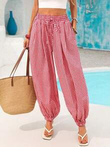 Pantalones holgados de tiro alto con bolsillos y estampado de cuadros para mujer, ideales para vacaciones, estilo vacacional, atuendos de verano. Pantalones holgados con cintura elástica y estampado de cuadros, adecuados para la oficina, negocios, vacaciones, uso casual, diario, universidad, viajes. Nuevos pantalones de verano para mujer, pantalones de trabajo, pantalones envolventes, pantalones de trabajo para mujer. - Rojo - Ver 8