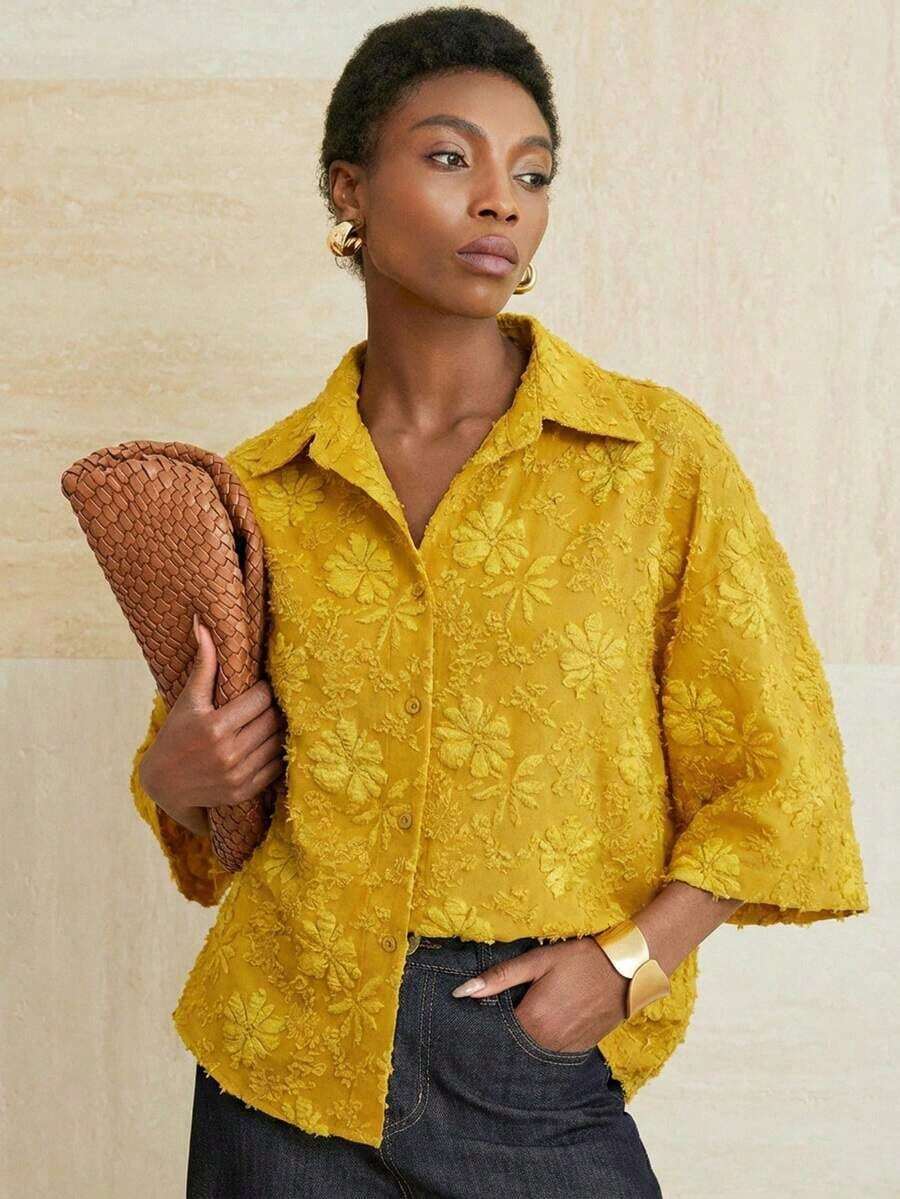 Camisa de manga 7/8 verde oliva, corte minimalista, ajuste holgado, cuello clásico de solapa, cómoda de llevar - Amarillo - Ver 1