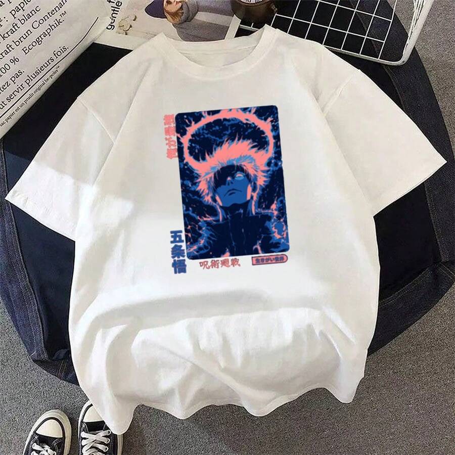 Anime-Power-Unleashed---Stylized-Portrait-T-Shirt Unisex Anime Cartoon Graphic Print Short Sleeve Tee Summer Casual T-Shirt - Blanco - Ver 1