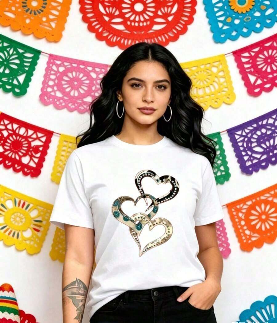 El estampado presenta un diseño en forma de corazón, una camiseta casual de manga corta y cuello redondo para mujer, adecuada para el uso diario en verano - Camiseta unisex de algodón holgada de manga corta y cuello redondo estilo vintage urbano. Camiseta unisex de algodón de manga corta y cuello redondo estilo vintage urbano - Blanco - Ver 1