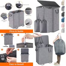 Lifewit Cesta Doble para Ropa Sucia con Tapa y Bolsas de Lavandería Extraíbles Grande Plegable Cesto para la Ropa Sucia con 2 Compartimientos y Asas para Dormitorio Baño Cuarto de Lavado Gris - Gris - Ver 1