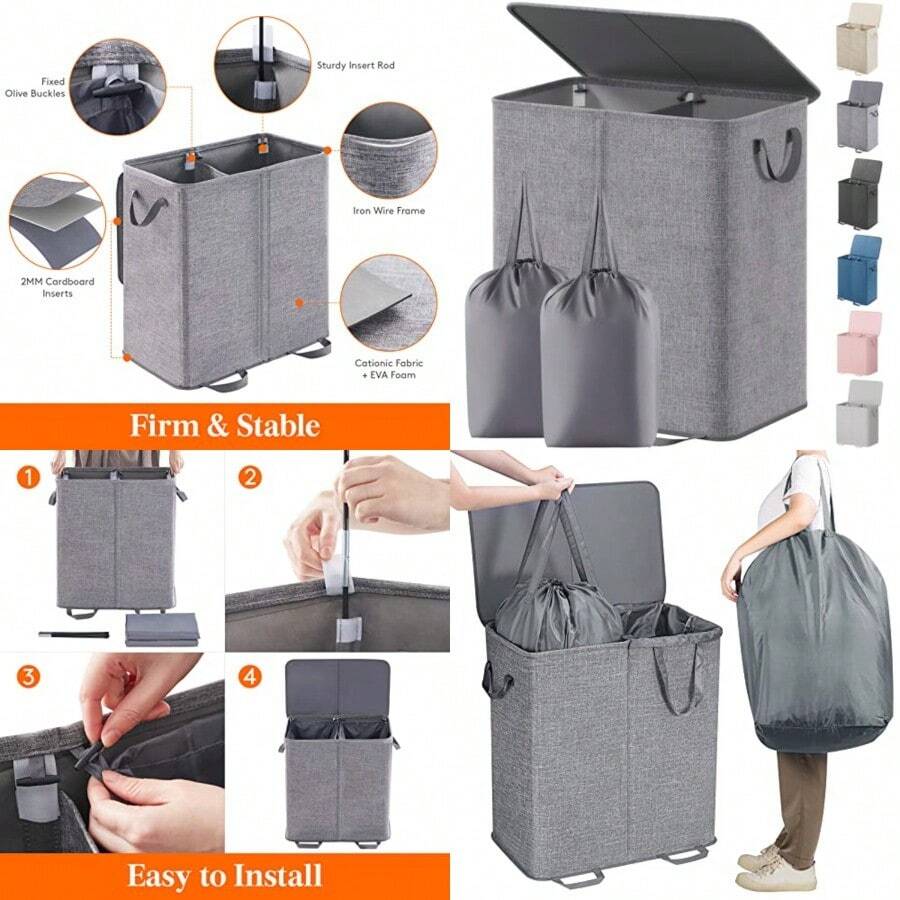 Lifewit Cesta Doble para Ropa Sucia con Tapa y Bolsas de Lavandería Extraíbles Grande Plegable Cesto para la Ropa Sucia con 2 Compartimientos y Asas para Dormitorio Baño Cuarto de Lavado Gris - Gris - Ver 1