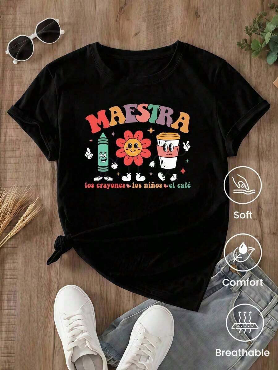 VintageCamiseta de manga corta de moda para primavera y verano de 2026, hecha en México, 180 gramos. Estampado de dibujos animados, modelo de pareja, apta para uso interior o exterior. Cuello redondo, unisex, ideal para oficina y ocio. Paquete de una pieza.Graphic Tee - Negro - Ver 1