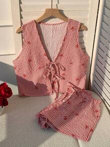 Conjunto de camiseta de tirantes y pantalones cortos a rayas con lazo para mujer - Rojo - Ver 4