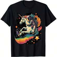 permeability2026Camiseta Genial de Astronauta Montando un Unicornio Arcoíris en el Espacio, de Algodón para Todas las Temporadas, Estampado a una Cara, Cuello Redondo, Manga Corta, coolspacious - Color 3 - Ver 6