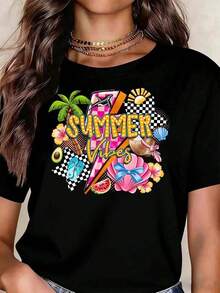 ropa de mujer Camisa de mujer con estampado de frutas tropicales, palmeras y elementos de playa, estilo veraniego, informal y deportivo, camisas de mujer - Negro - Ver 2