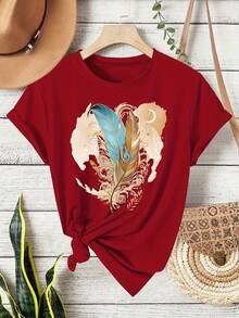 Camiseta de manga corta con cuello redondo, estilo mexicano, estampado de plumas en rosa brillante, estilo retro a la moda, ropa casual deportiva y de fitness para mujer, adecuada para todas las estaciones--Ligera y transpirable. - Blanco 1 - Ver 7