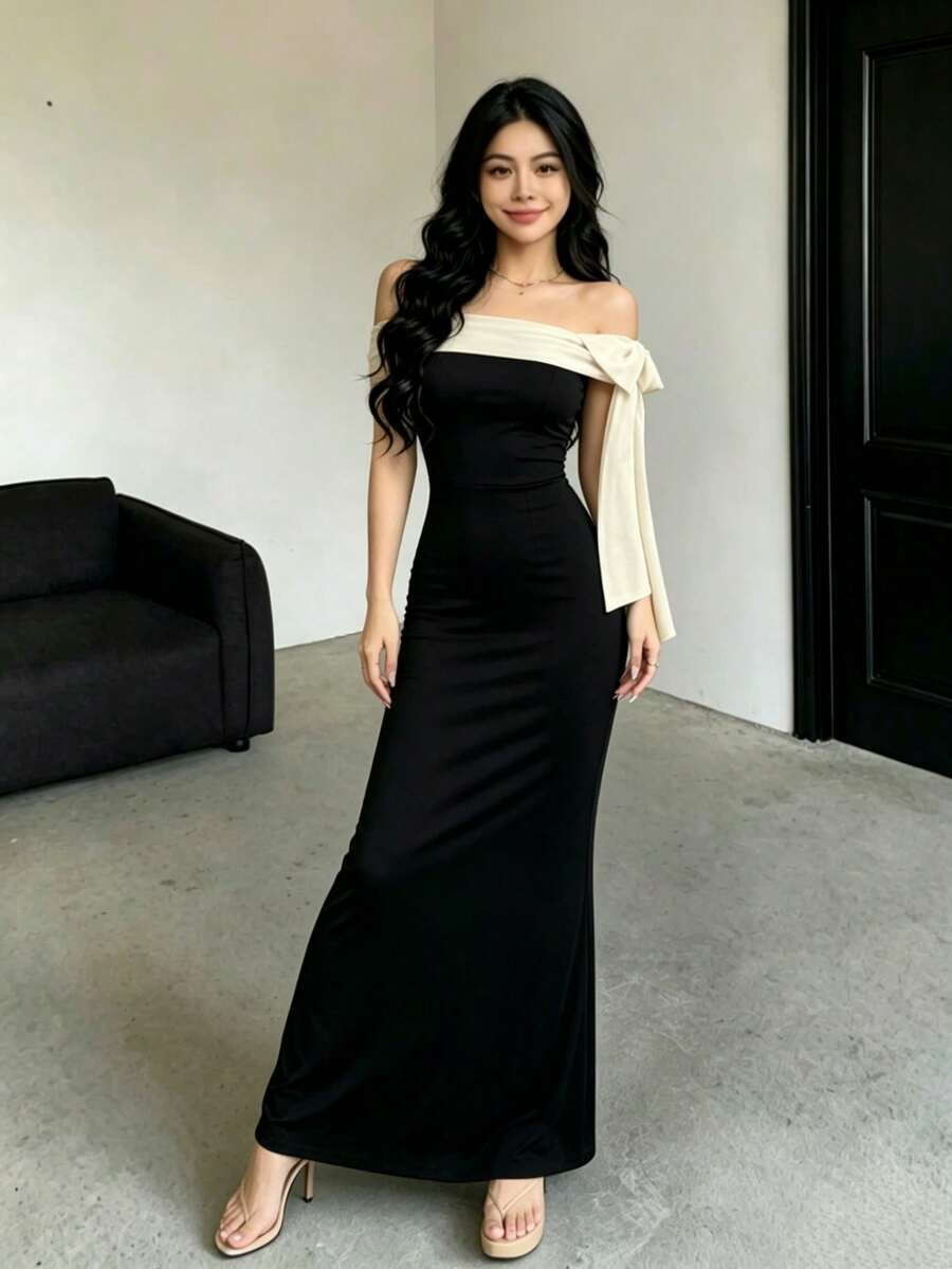 Vestido largo negro de hombros descubiertos, elegante para el verano - Albaricoque - Ver 1