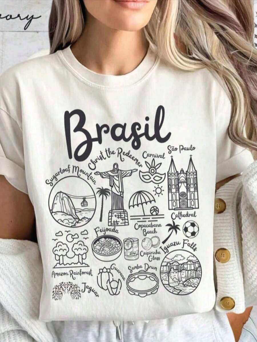 Women's Casual Short Sleeve T-Shirt, Ideal For Summer Vacation, Brazil Design, Unisex T-Shirt With Drawings Of Iconic Places Of Brazil, Brazilian Travel Gift - 白色2 - 查看 1