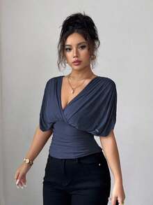 Camiseta con manga de hombro fruncida, elástica, de tela con forro de malla elegante para vacaciones, playa y uso casual, de estilo romántico francés, con dobladillo con volantes, adecuada para uso al aire libre y para el día a día, para primavera/verano - Azul marino - Ver 5