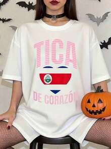 100% Algodón TICA DE CORAZÓN Estampado de la Bandera de la República de la Rica - Ropa Casual para Fiesta de Halloween para Mujer 3373 Camisetas Estampadas para Mujer - Blanco - Ver 1