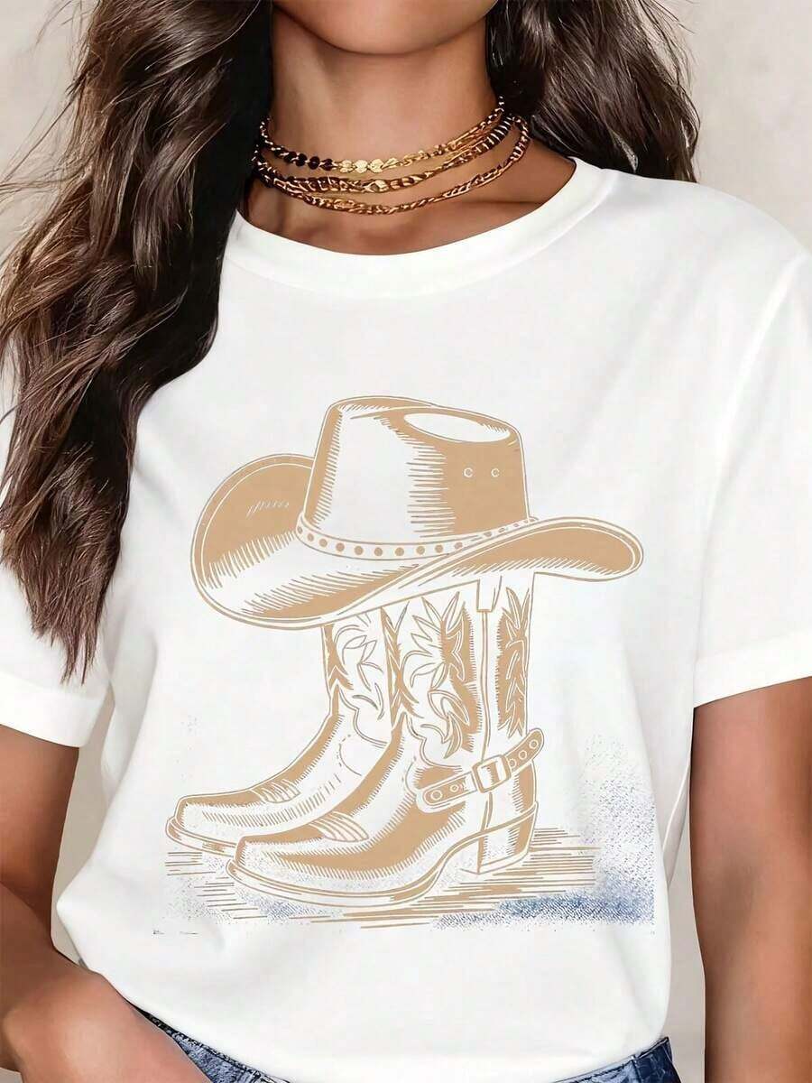 ropa de mujer Camiseta gráfica con estampado de sombrero y botas de vaquero del oeste para mujer, top casual de verano, camiseta de moda estilo country con diseño estampado dorado, camisas de mujer - Blanco - Ver 1