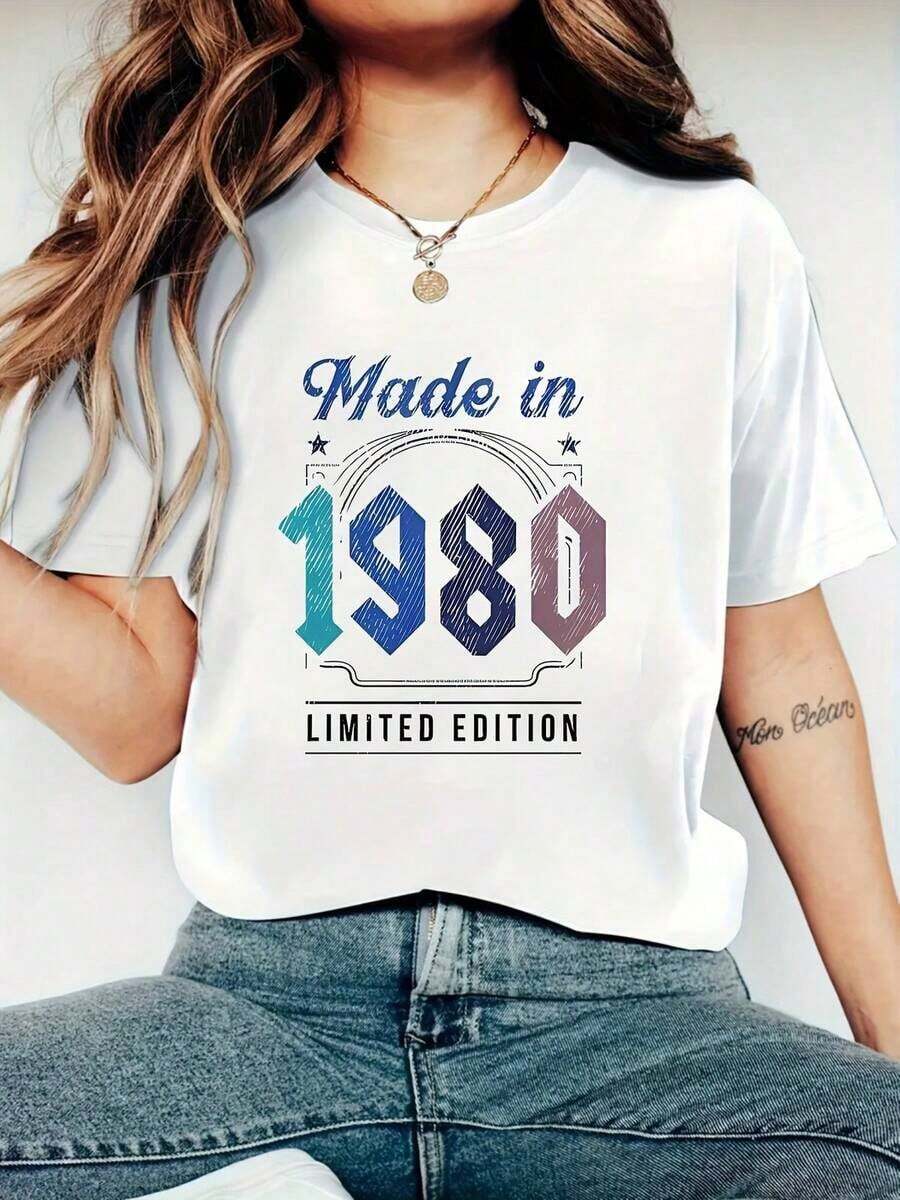 Camiseta Creativa Estampada para Mujer, Adecuada para Todas las Temporadas, con un Diseño Sencillo, Casual y Cómodo. La P_0725 es una camiseta vibrante y de estilo retro, perfecta para mujeres. Camiseta casual de manga corta para mujer, talla estándar, básica. - Blanco - Ver 1