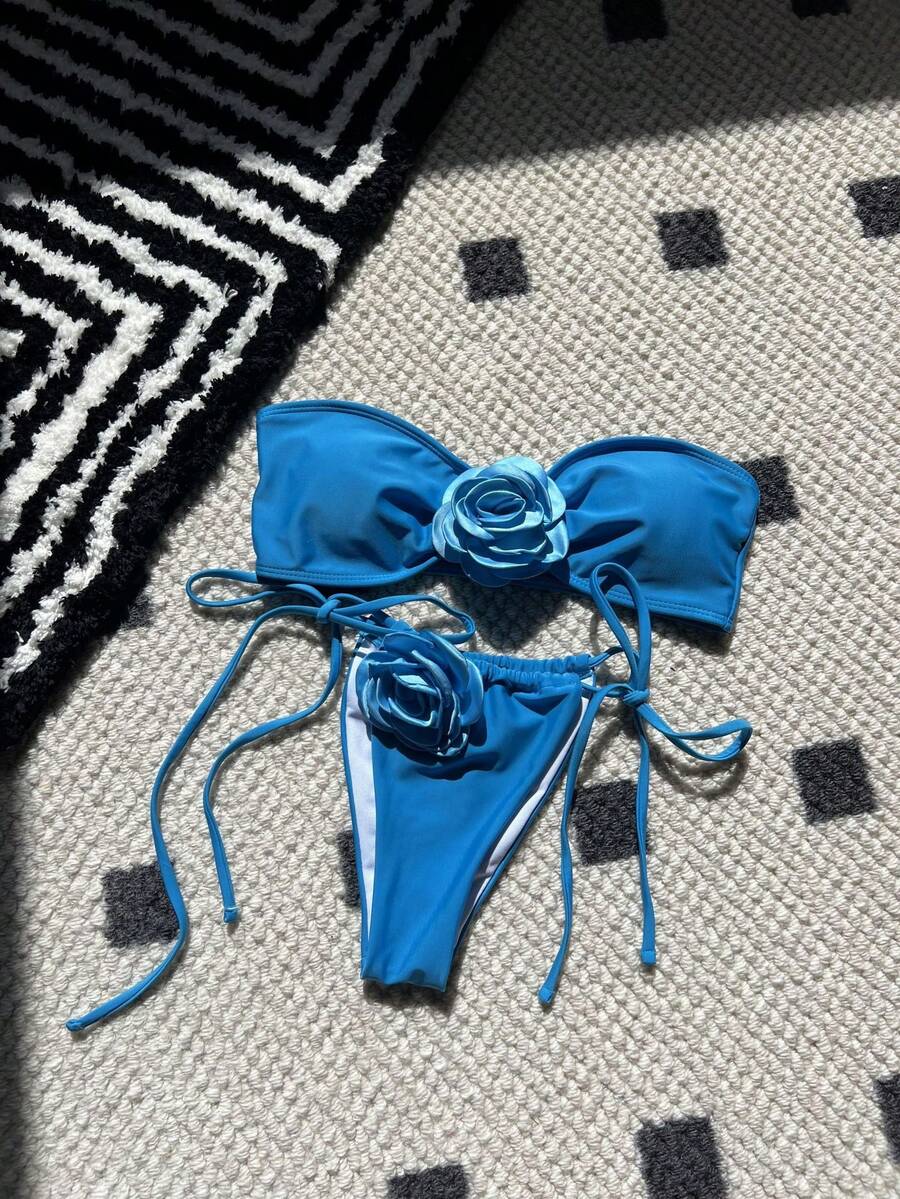 Nuevo bikini de color sólido rosa sin tirantes con cordón ajustable bikini9150 - azul del lago - Ver 1