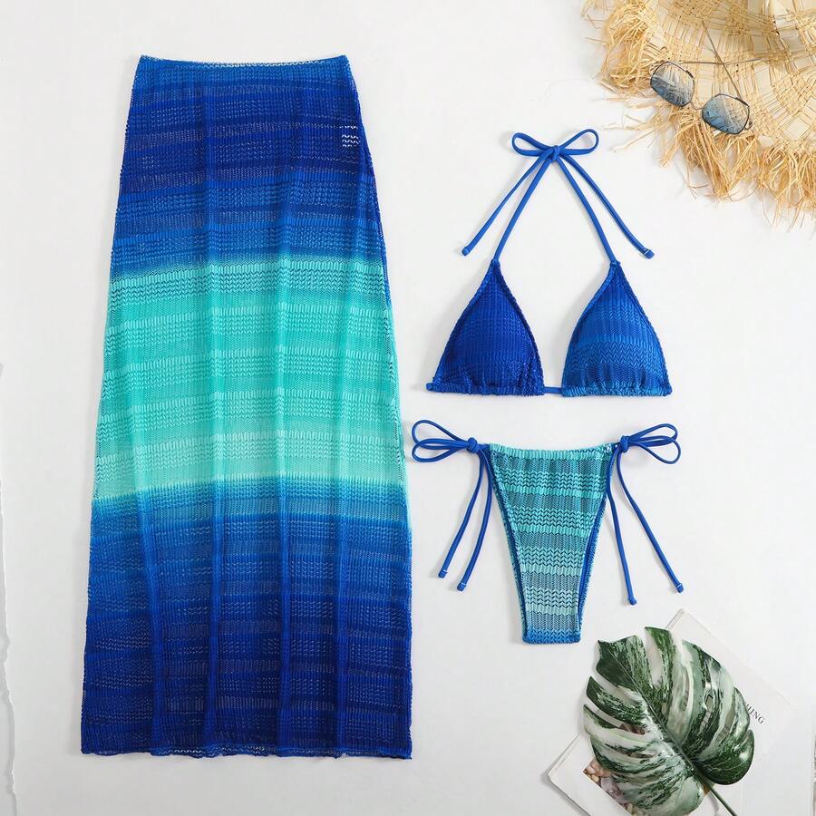 Nuevo Bikini Sexy de Tres Piezas con Falda Larga de Malla Degradada para Playa - Azul - Ver 1