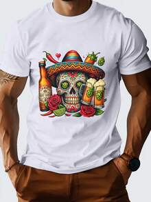 Camisa de manga corta para hombre con diseño de calavera mexicana, perfecta para primavera y verano. Esta camisa informal es cómoda, absorbe la humedad y es adecuada para climas cálidos. - Blanco - Ver 1