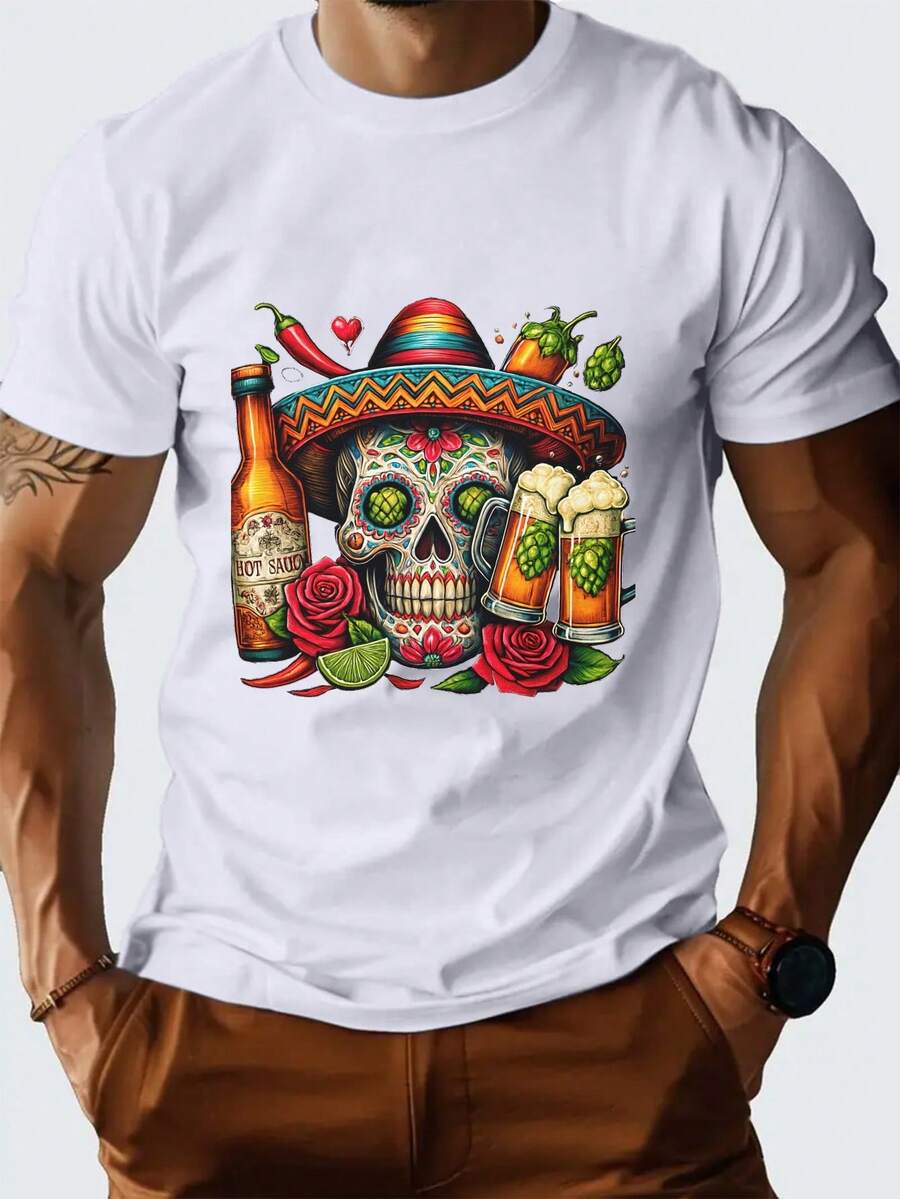 Camisa de manga corta para hombre con diseño de calavera mexicana, perfecta para primavera y verano. Esta camisa informal es cómoda, absorbe la humedad y es adecuada para climas cálidos. - Blanco - Ver 1