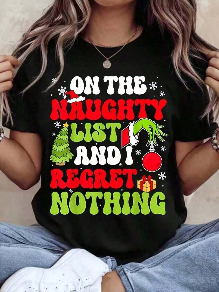 Women's Vintage Crew Neck T-Shirt With 'I'm On The Bad Suicide List And I Don't Regret Anything' Print, Handmade Christmas Tree Ornament, Gift, Casual Short Sleeve T-Shirt For Christmas Party, Christmas Celebration, Graphic Tee - 黑色 - 查看 1