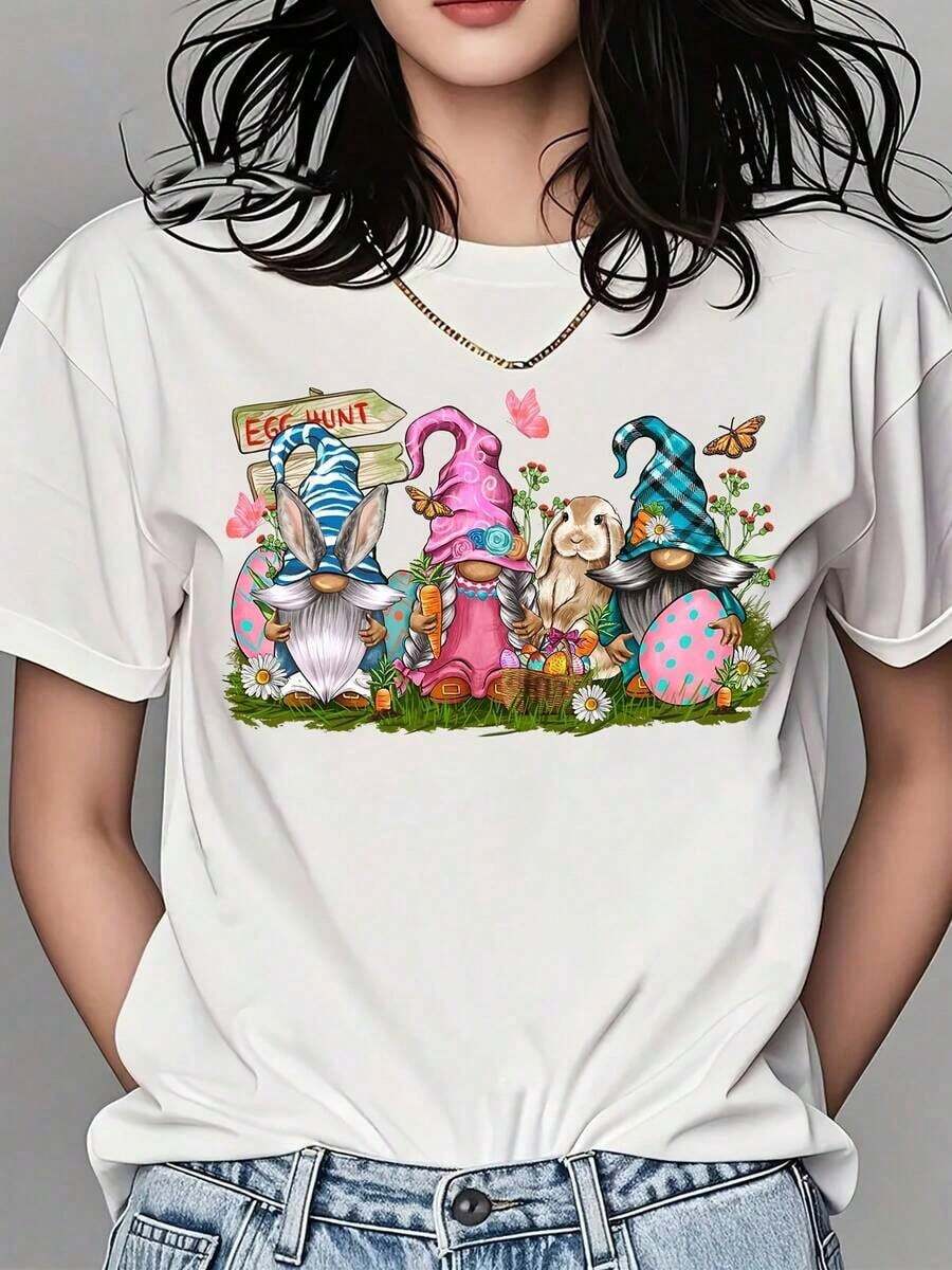 Women's Vintage Round Neck T-Shirt With Easter Gnomes And Bunnies Print, Short Sleeve, Casual Spring Festival Clothing, Graphic Tee - 白色 - 查看 1