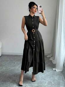 Women's Single-Breasted Sleeveless Shirt Dress With Ruffled Hem In Solid Color - Black - View 6