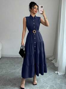 Women's Single-Breasted Sleeveless Shirt Dress With Ruffled Hem In Solid Color - Lake Blue - View 4
